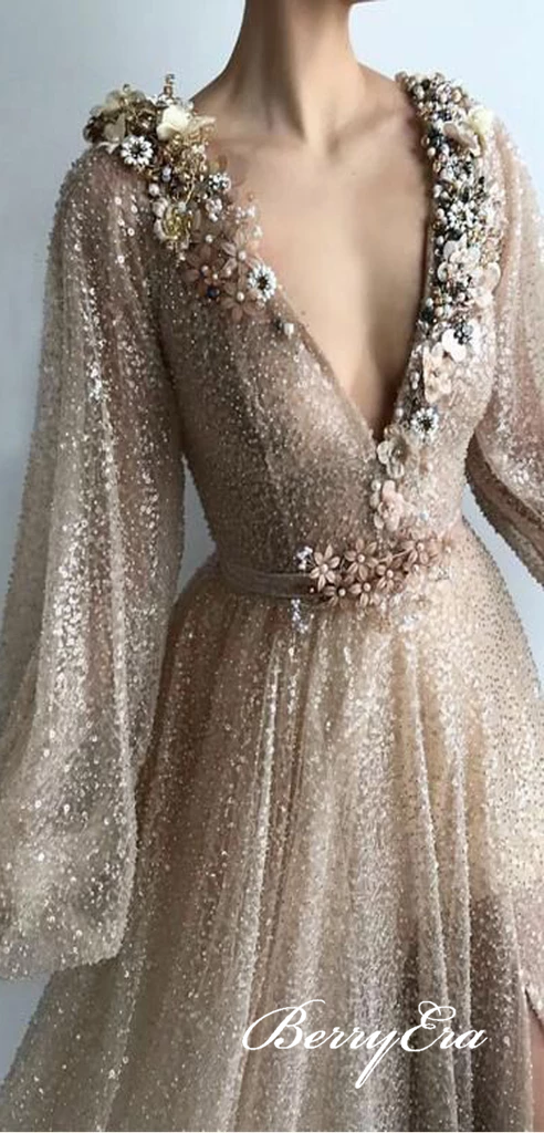 V-neck Long Sleeves Sequin Tulle Shiny Prom Dresses, Long Prom Dresses, Popular Prom Dresses