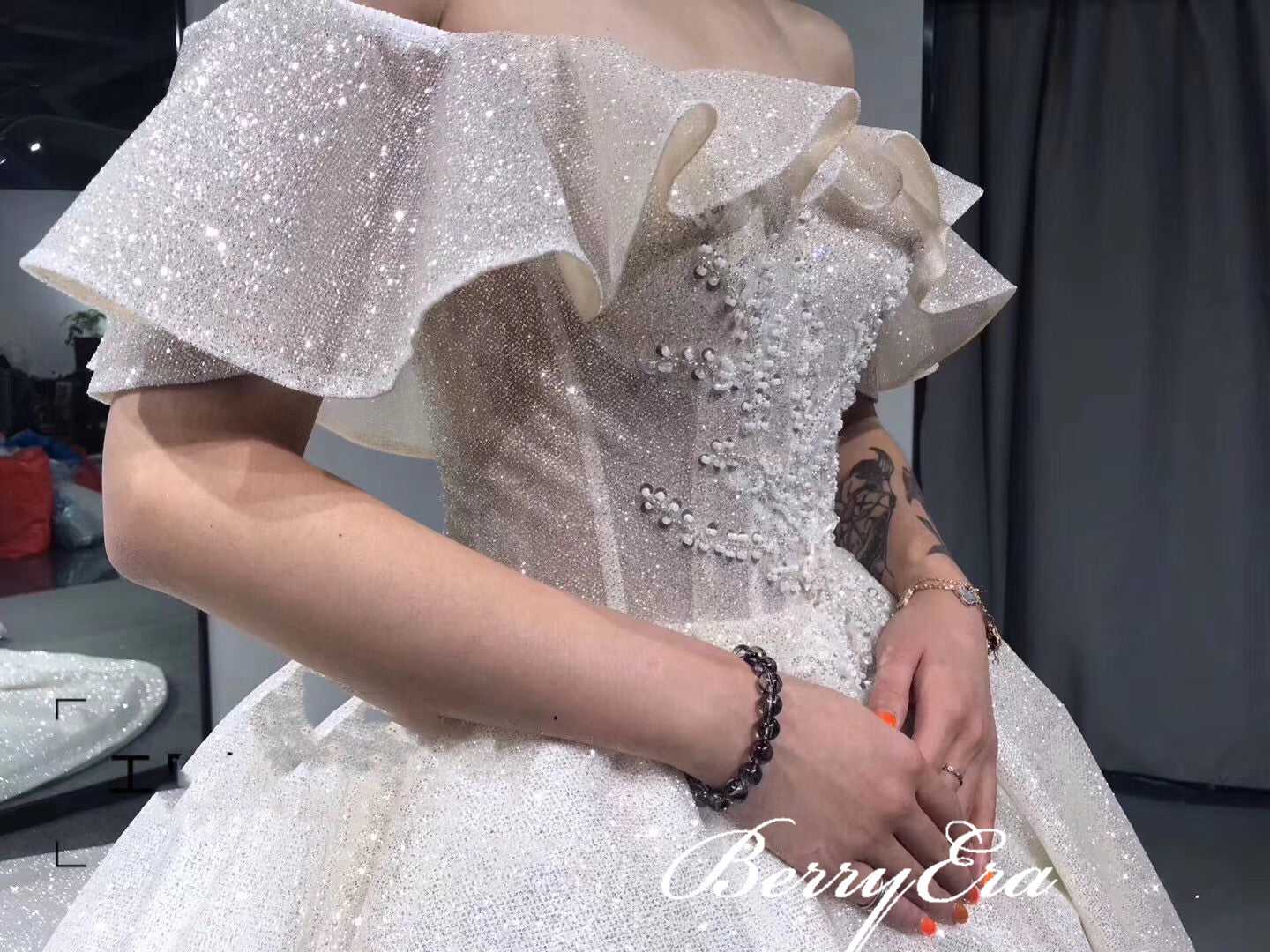 Off Shoulder Shiny Long A-line Wedding Dresses, Sparkle Long Bridal Gown, New Design Wedding Dresses