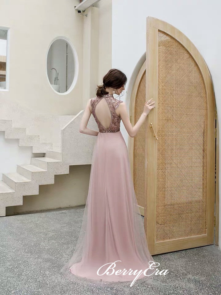 New BerryEra Design Dusty Pink Rhinestone Beaded Tulle Prom Dresses, Long Prom Dresses