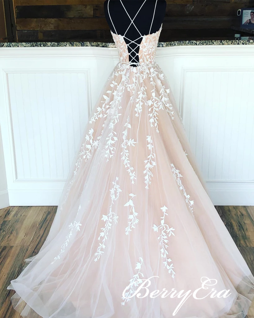 Lovely Lace Tulle Long Prom Dresses, Newest Prom Dresses, Popular Long Prom Dresses