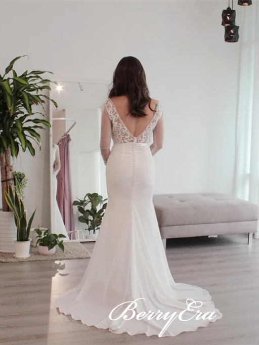 V-neck Long Sleeves Lace Tulle Wedding Dresses, Ivory Mermaid Wedding Dresses, Wedding Dresses