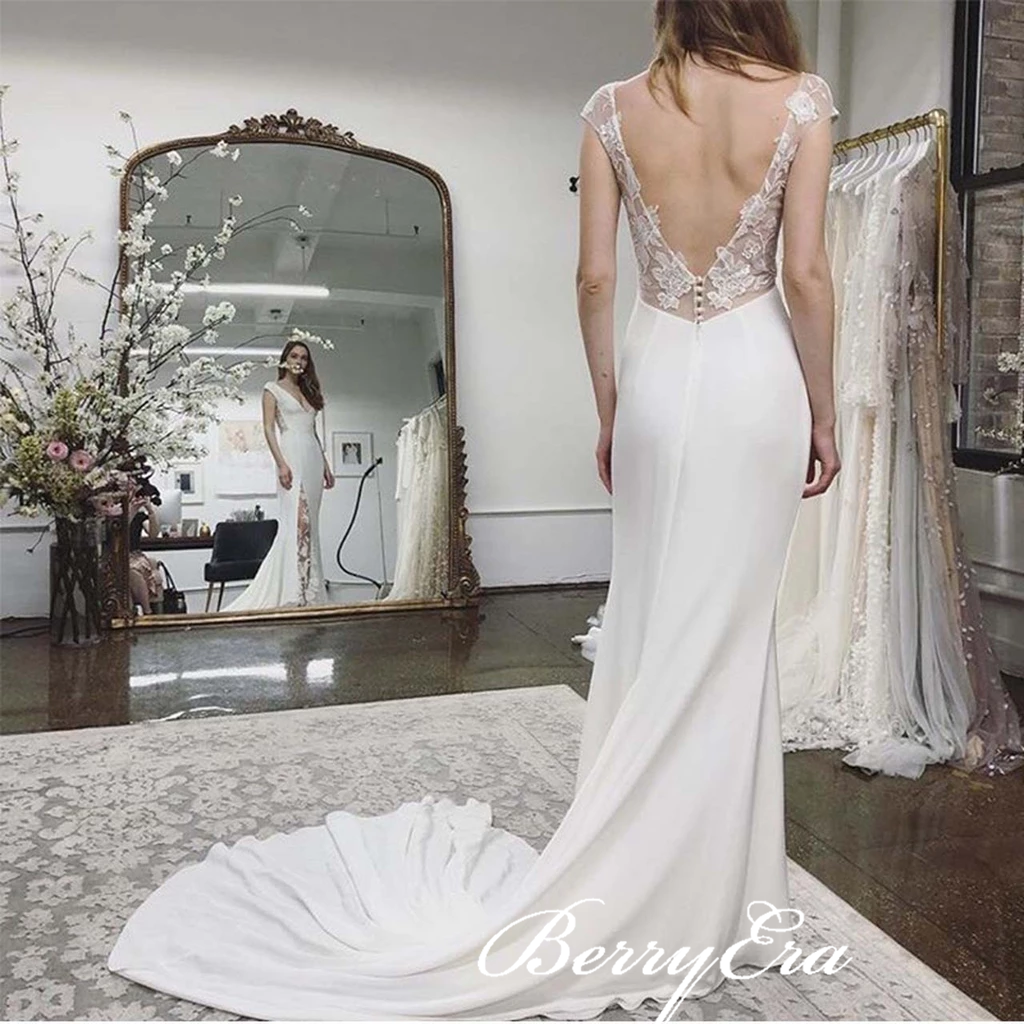 V-neck Ivory Jersey Lace Wedding Dresses, Elegant Long Wedding Dresses, Bridal Gown, Wedding Dresses