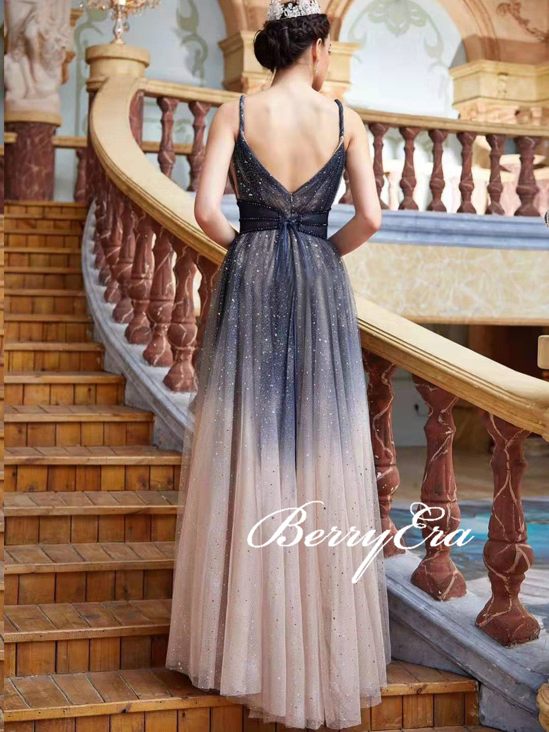 Straps Gradient Long A-line Sequin Tulle Prom Dresses, Glitter Long Prom Dresses, Shiny Prom Dresses
