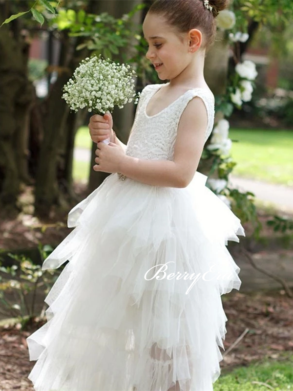 Round Neck Long Ivory Tulle Flower Girl Dresses, Lovely Little Girl Dresses, Flower Girl Dresses