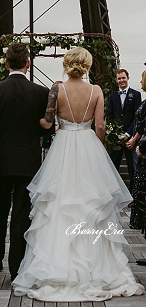 Spaghetti Long A-line Tulle Wedding Dresses, Ivory Wedding Dresses With Belt, Simple Wedding Dresses