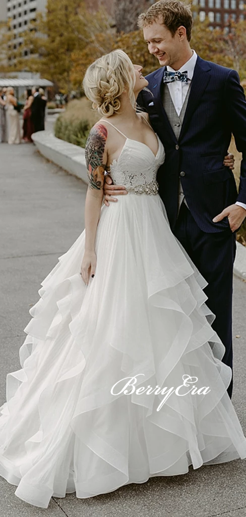 Spaghetti Long A-line Tulle Wedding Dresses, Ivory Wedding Dresses With Belt, Simple Wedding Dresses