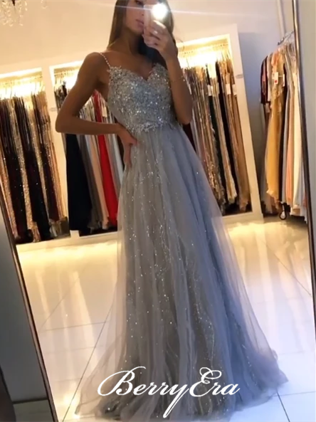 Spaghetti Long A-line Grey Lace Beaded Prom Dresses, Shiny Sequin Prom Dresses, 2020 Prom Dresses