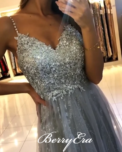 Spaghetti Long A-line Grey Lace Beaded Prom Dresses, Shiny Sequin Prom Dresses, 2020 Prom Dresses