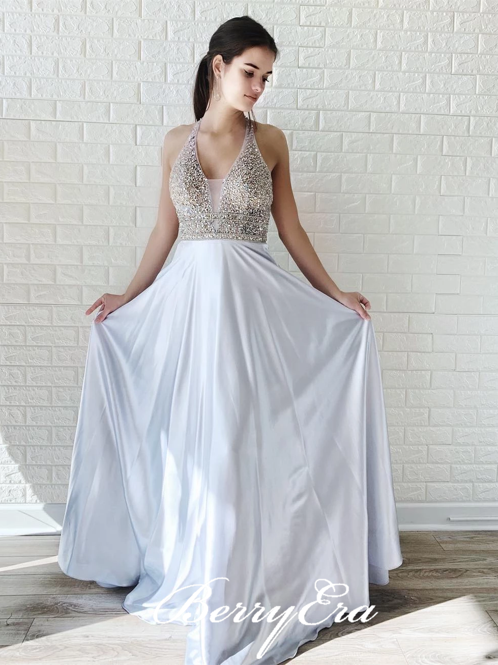 Halter Beaded Top A-line White Satin Prom Dresses, Backless Long Prom Dresses, Newest Prom Dresses