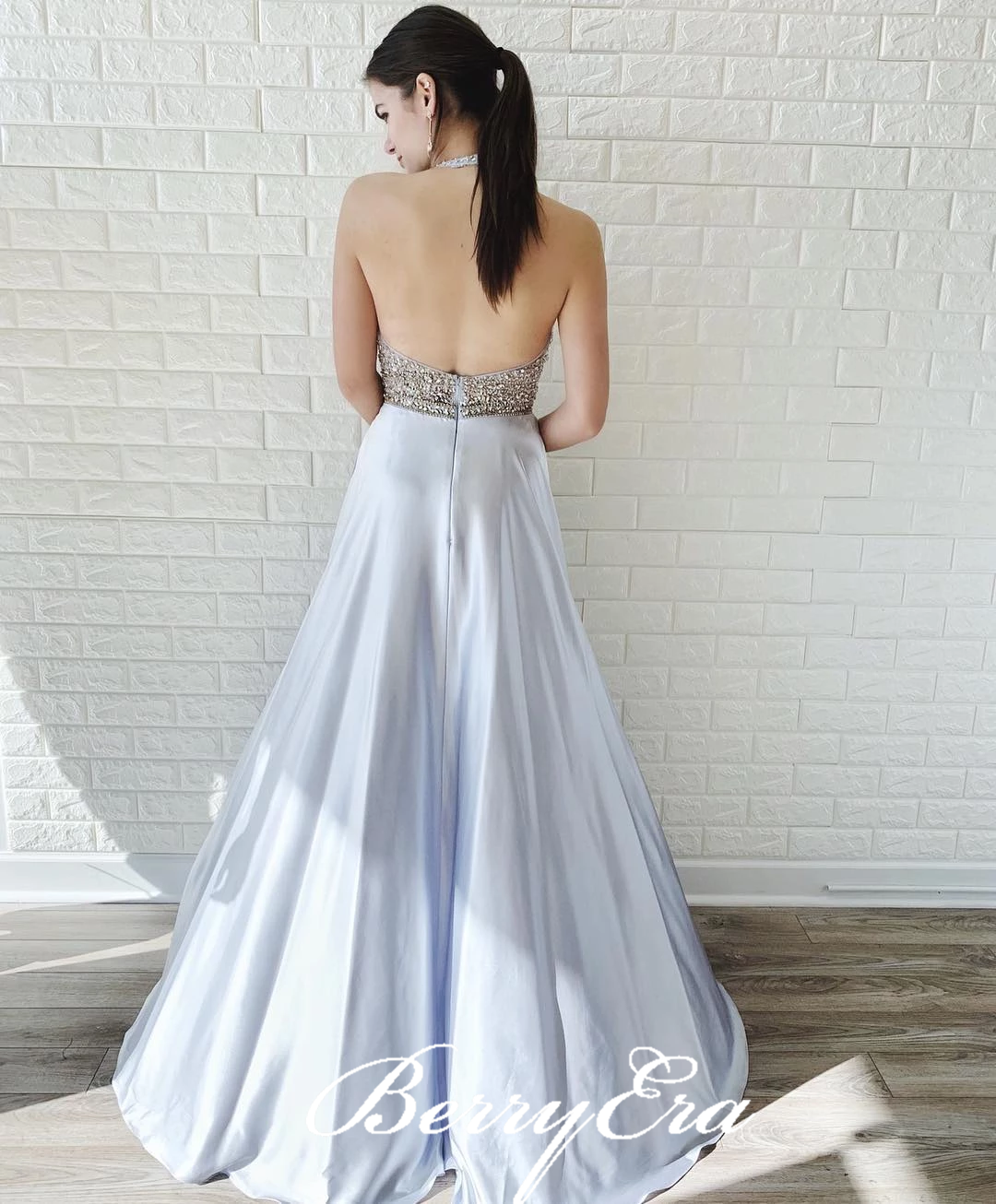 Halter Beaded Top A-line White Satin Prom Dresses, Backless Long Prom Dresses, Newest Prom Dresses