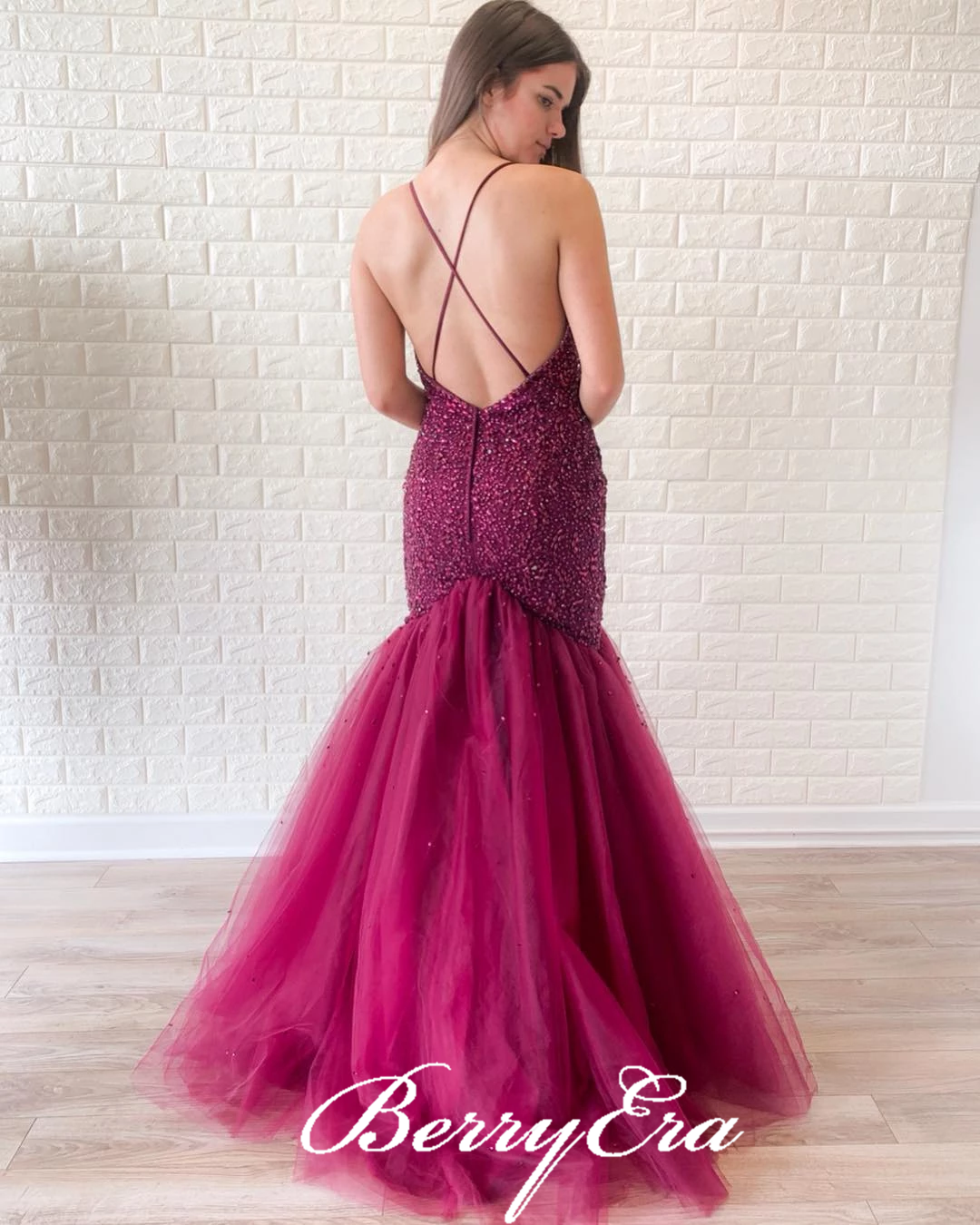 Luxury Beaded Long Mermaid Grape Tulle Prom Dresses, Mermaid Prom Dresses, Long Prom Dresses