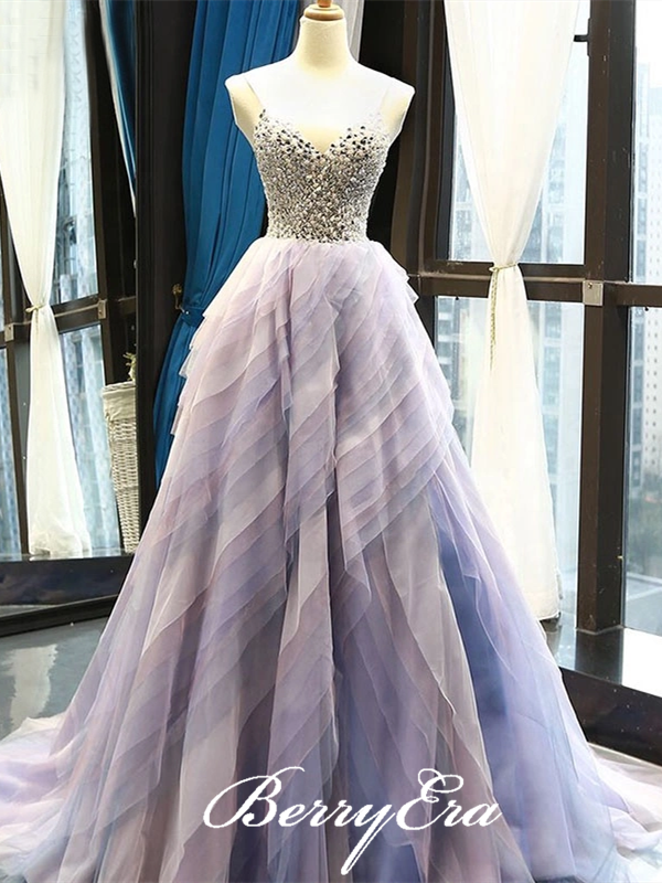 Spaghetti Long A-line Beaded Purple Prom Dresses, Gradient Prom Dresses, Newest Prom Dresses