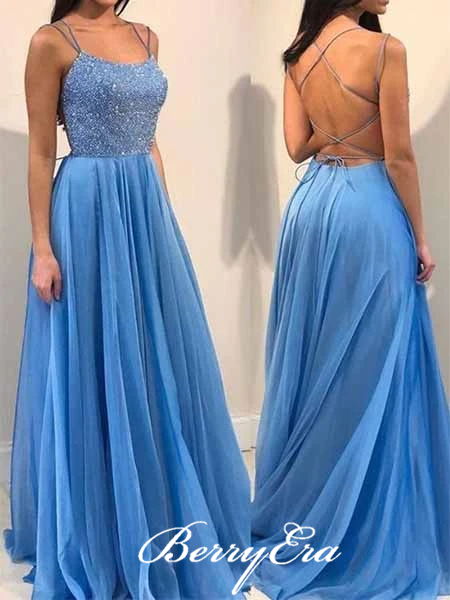 Long A-line Blue Chiffon Beaded Prom Dresses, Lace Up Prom Dresses, Long Prom Dresses, 2020 Prom Dresses
