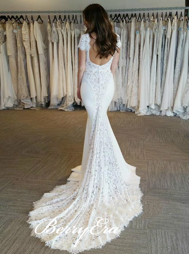 Cap Sleeves Lace Mermaid Wedding Dresses, Ivory Jersey Lace Wedding Dresses, Bridal Gown