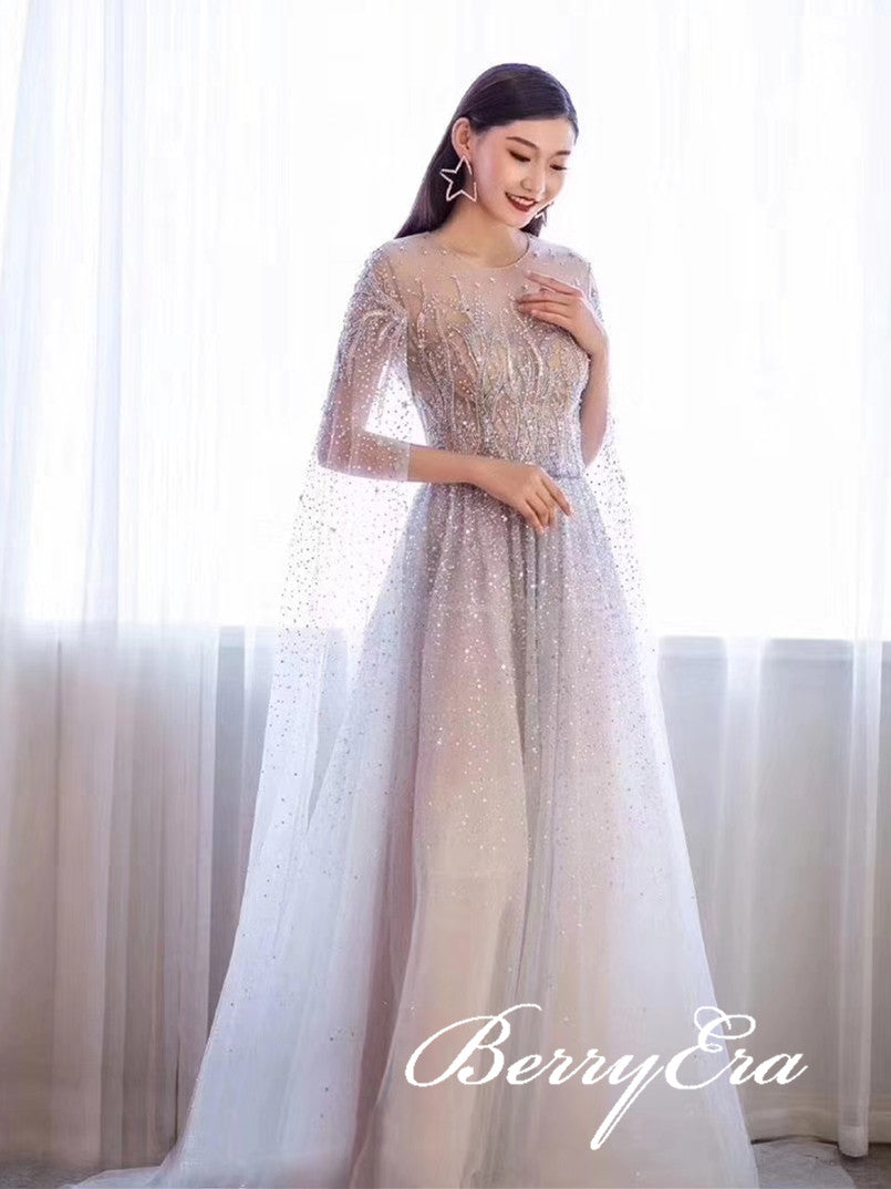 Luxury Beaded Rhinestone Long Prom Dresses, New Silver Prom Dresses, Sparkle Prom Dresses
