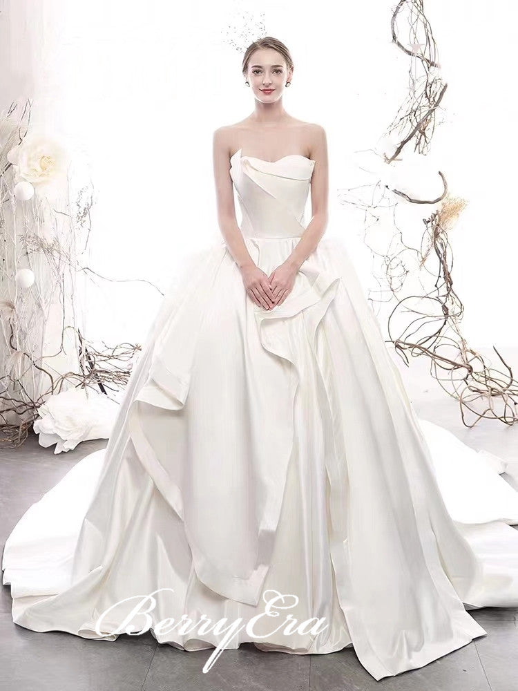 Strapless Long Ivory Satin Wedding Dresses, Ball Gown Wedding Dresses, Newest Design Wedding Dresses