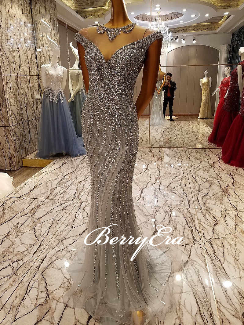 silver prom dresses 2020 Elegant Glitter Silver Prom Dresses 2020 A-Line / Princess Spaghetti Straps Short Sleeve Beading Floor-Length / Long Ruffle Backless Formal Dresses