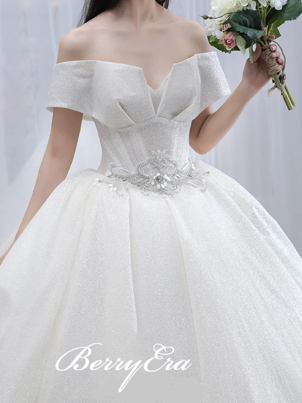 Off Shoulder Shiny Sequin Tulle Wedding Dresses, Ball Gown Wedding Dresses, Long Wedding Dresses