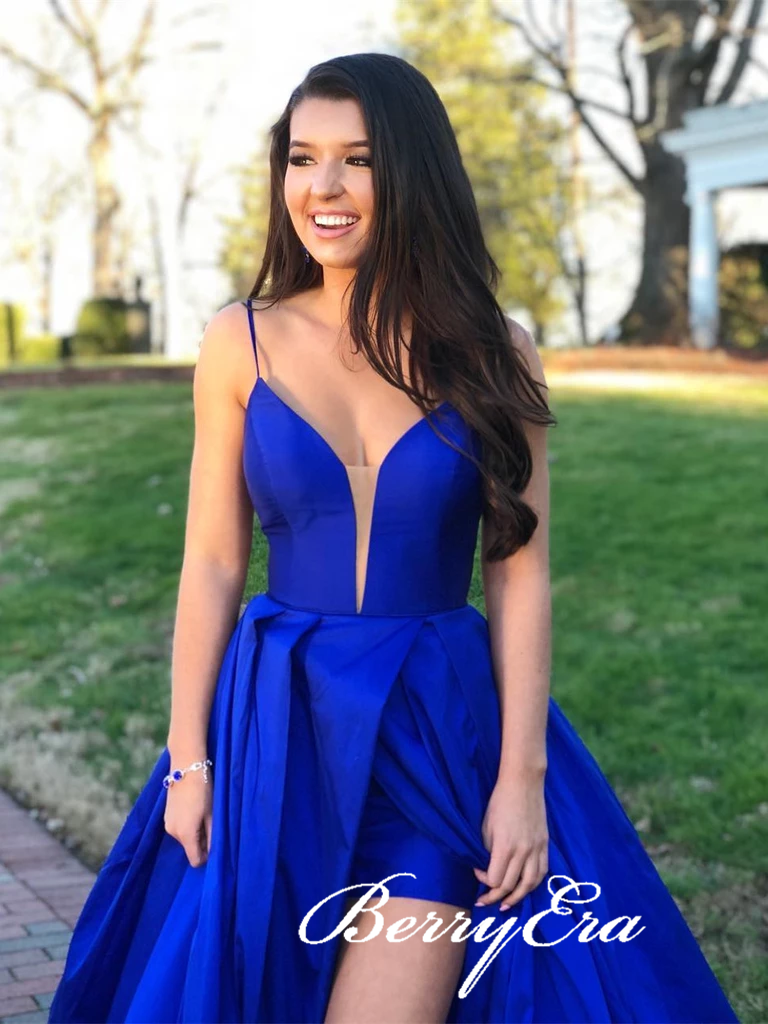 Spaghetti Long A-line Royal Blue Satin Prom Dresses, A-line Prom Dresses, 2020 Prom Dresses