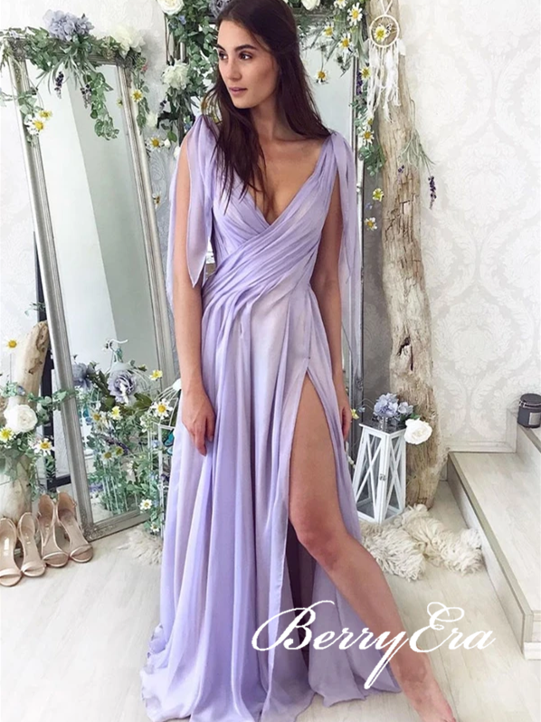V-neck Lilac Chiffon Long Prom Dresses, High Slit Prom Dresses, Long Prom Dresses