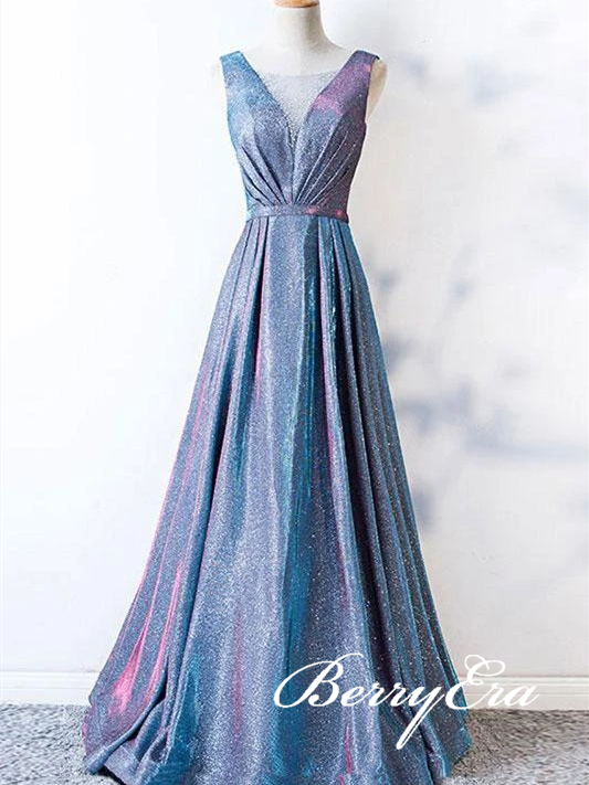 V-neck Long A-line Shemmering Fabric Prom Dresses, Long Prom Dresses, 2020 Prom Dresses