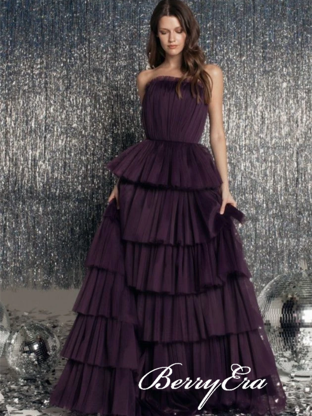 Strapless Long A-line Dark Purple Long Prom Dresses, Tulle Prom Dresses, Lovely Prom Dresses