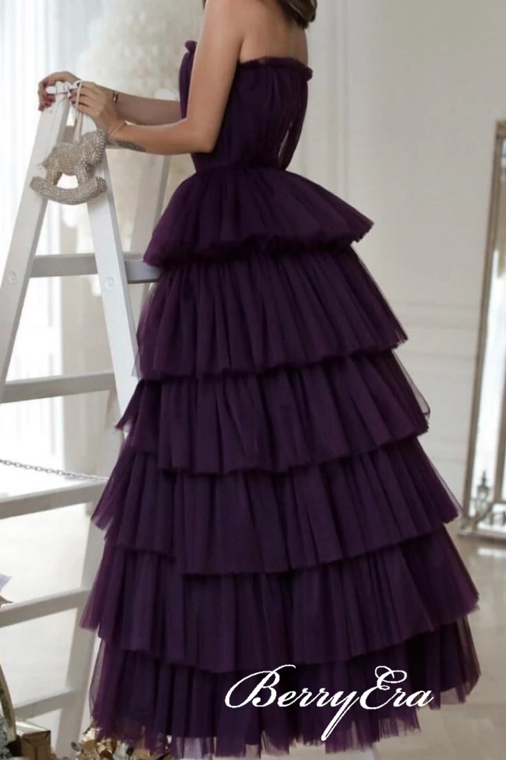 Strapless Long A-line Dark Purple Long Prom Dresses, Tulle Prom Dresses, Lovely Prom Dresses