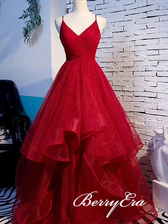 Red Sequin Tulle Long Prom Dresses, 2020 Prom Dresses, Shemmering Prom Dresses