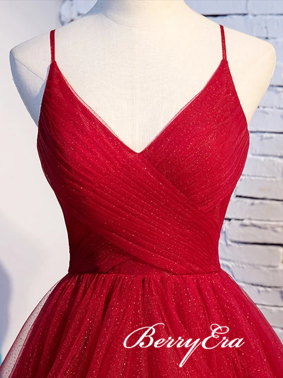 Red Sequin Tulle Long Prom Dresses, 2020 Prom Dresses, Shemmering Prom Dresses