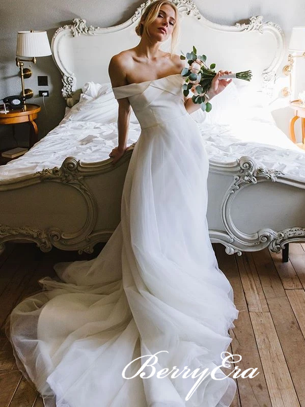 Off Shoulder Satin Top Tulle Wedding Dresses, Romantic Long Wedding Dresses, Bridal Gown