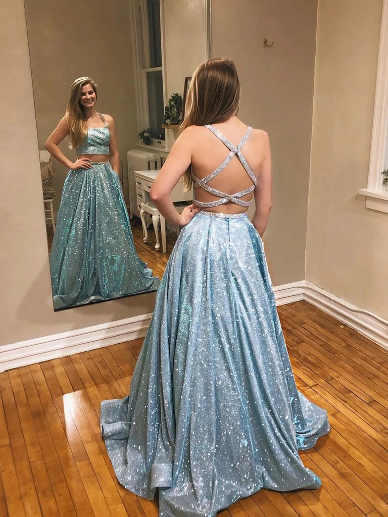 2 Pieces Light Blue Shemmering Fabric Long Prom Dresses, 2020 Prom Dresses, Long Prom Dresses