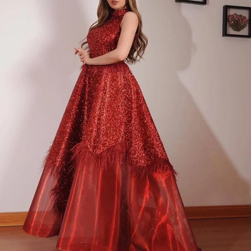 High Neck Red Sequin Organza Prom Dresses With Feathers, Long Prom Dresses, Popular Prom Dresses