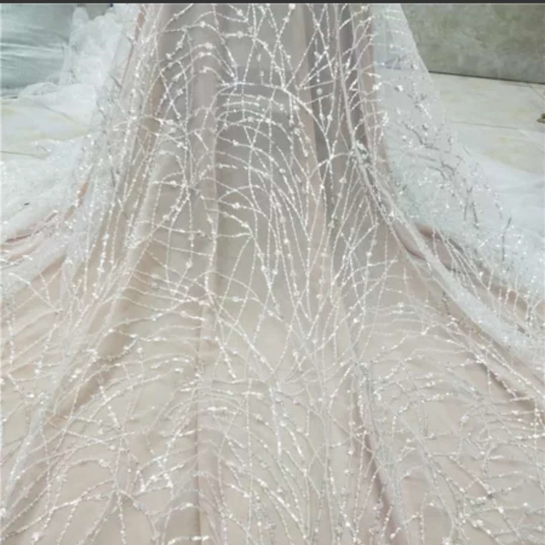 Ivory Sequin Beaded Tulle Material