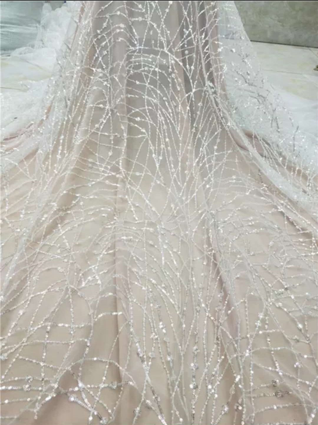 Ivory Sequin Beaded Tulle Material