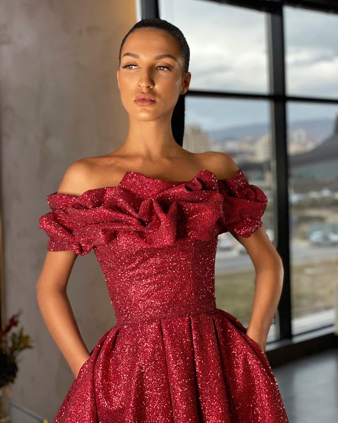 Red Prom Dresses 2020 Short Off Shoulder Long A-line Red Sequin Prom Dresses, High Slit Red Prom Dresses 2020 Short Off Shoulder Long A-line Red Sequin Prom Dresses, High Slit