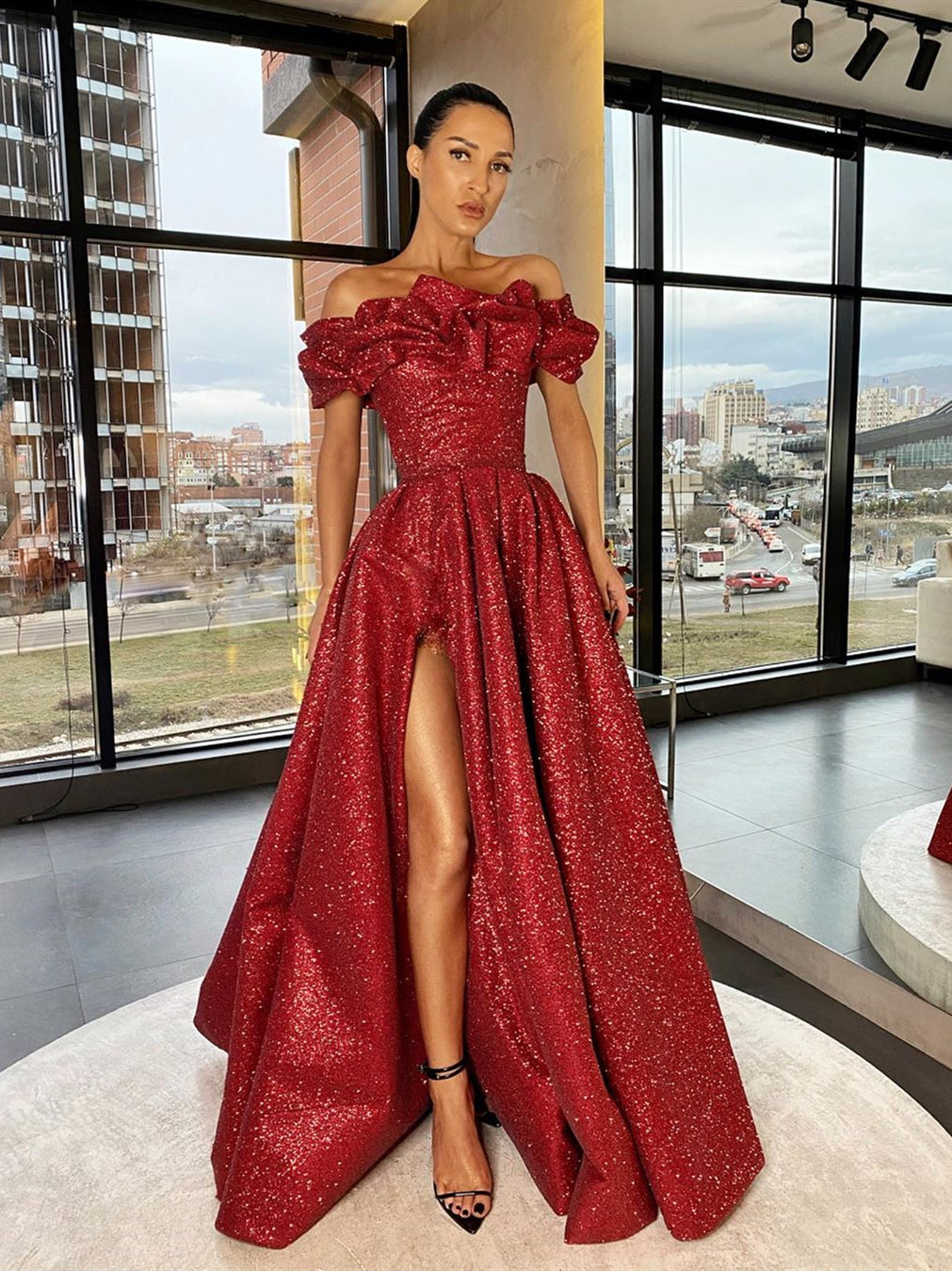 Off Shoulder Long A-line Red Sequin Prom Dresses, High Slit Prom