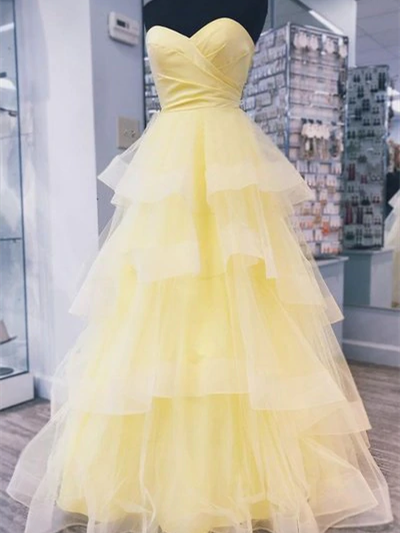 Sweetheart Long A-line Yellow Tulle Prom Dresses, Layers Prom Dresses, 2020 Prom Dresses