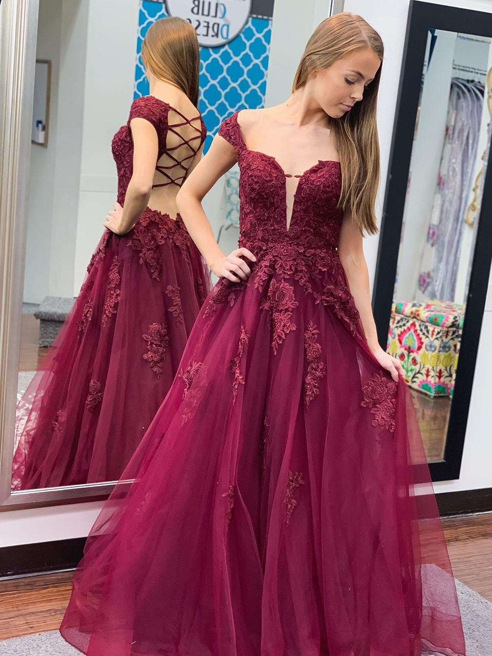 Off Shoulder Long A-line Burgundy Lace Tulle Prom Dresses, Appliques Long Prom Dresses, 2020 Prom Dresses