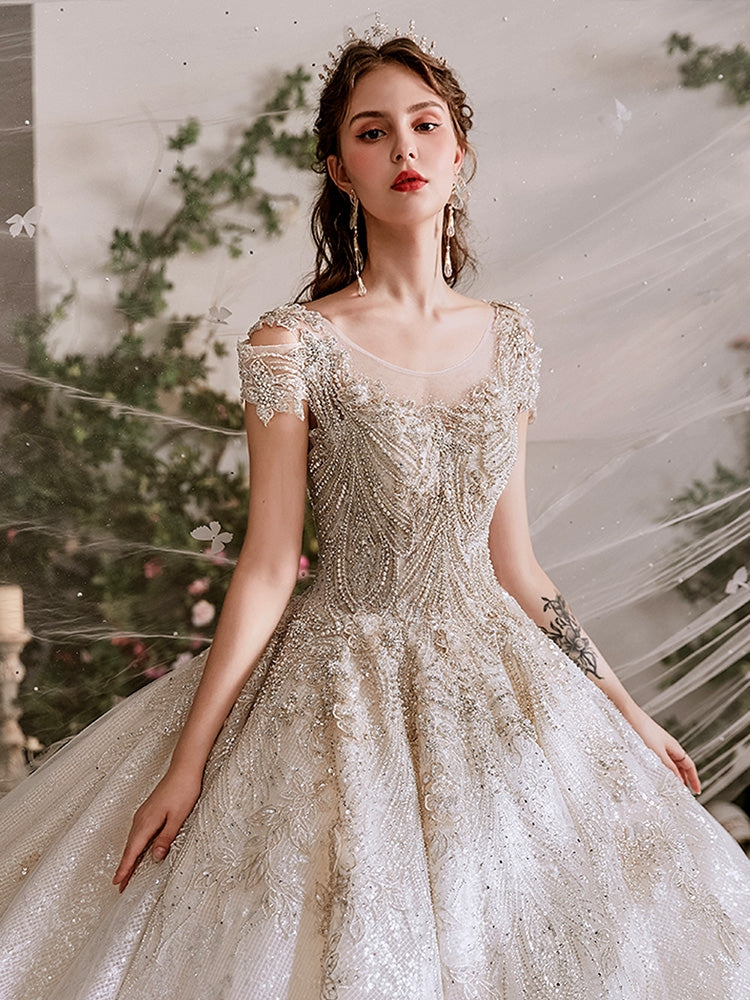 Round Neck Long A-line Beaded Wedding Dresses, Ball Gown Wedding Dresses, Long Wedding Dresses