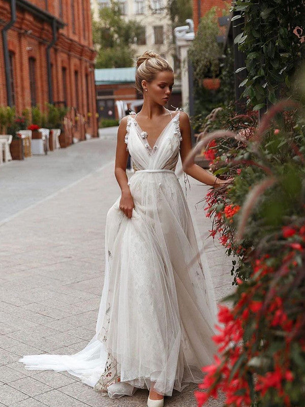 Appliques Elegant A-line Wedding Dresses, Open Back V-neck Fancy Weddi Berryera Appliques Elegant A-line Wedding Dresses, Open Back V-neck Fancy Weddi Berryera