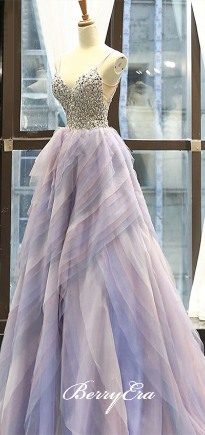 Spaghetti Long A-line Beaded Purple Prom Dresses, Gradient Prom Dresses, Newest Prom Dresses