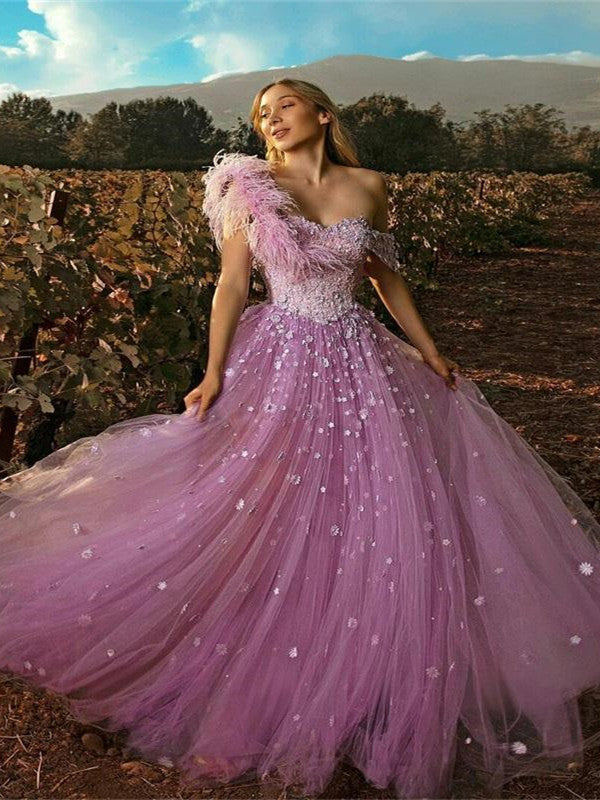 one shoulder quinceanera dresses Puffy One Shoulder Sleeveless Tulle Prom Dress with Flowers, Ruffles Quinceanera Dress chp0023