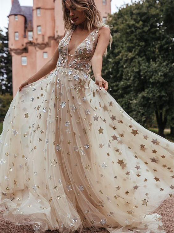 a-line v-neck champagne tulle prom dress with beading appliques V Neck Floral Champagne Tulle Prom Dresses with Beadings, Champagne Fl jbydress