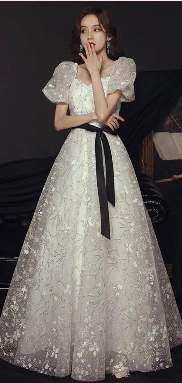 A Line Popular Lace Long Prom Dresses, Elegant Appliques Newest Wedding Dresses