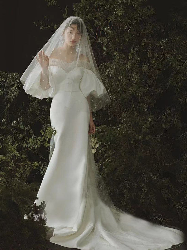 Off The Shoulder Satin Wedding Dresses, Fashion Simple Wedding Dresses, 2021 Bridal Gowns