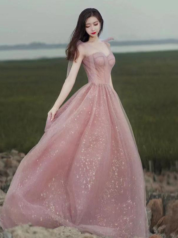 Pink Tulle Sequins Long Formal Dresses, Beautiful Short Sleeve Evening