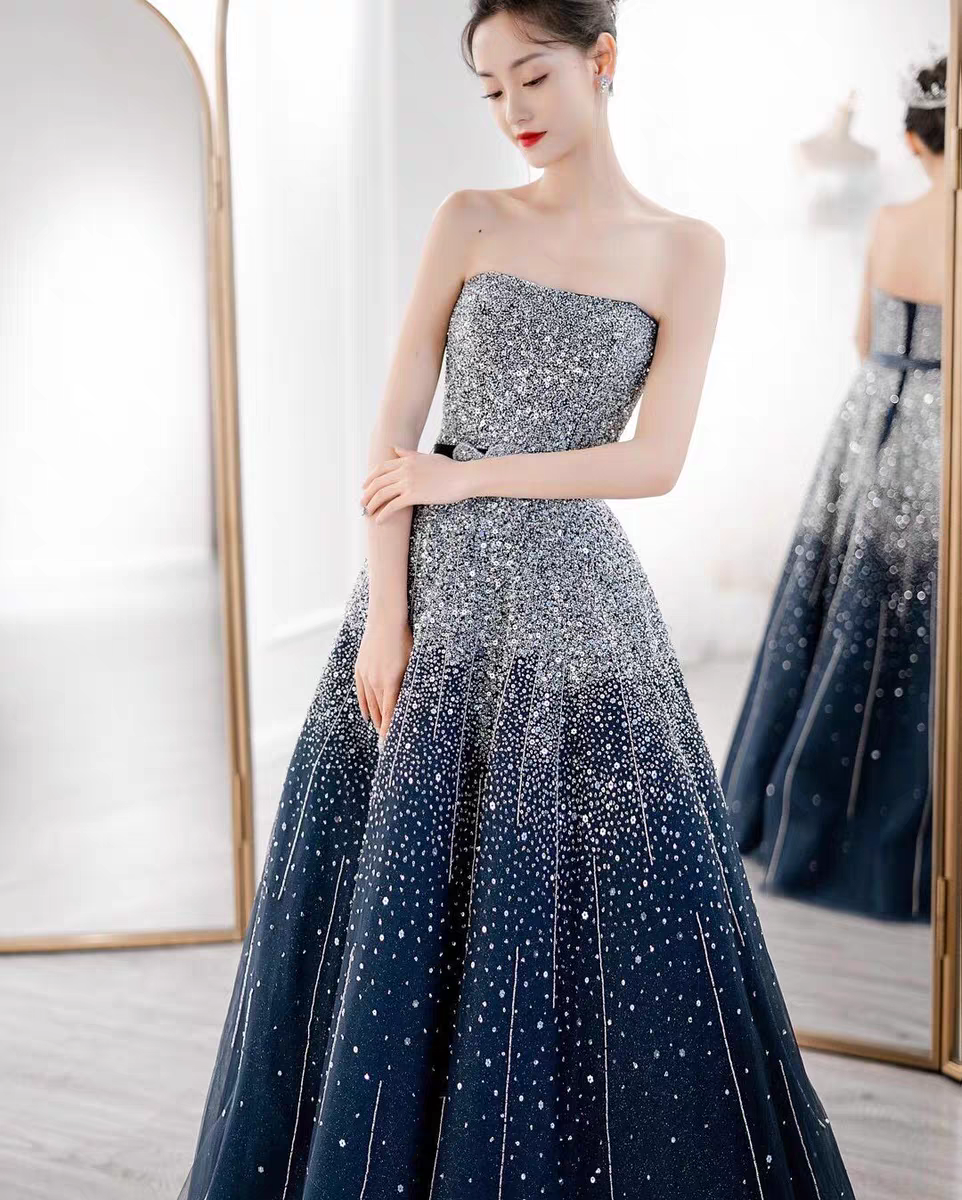 Strapless Beaded Prom Dresses, A-line Prom Dresses, Stary Light Prom Dresses, 2021 Prom Dresses
