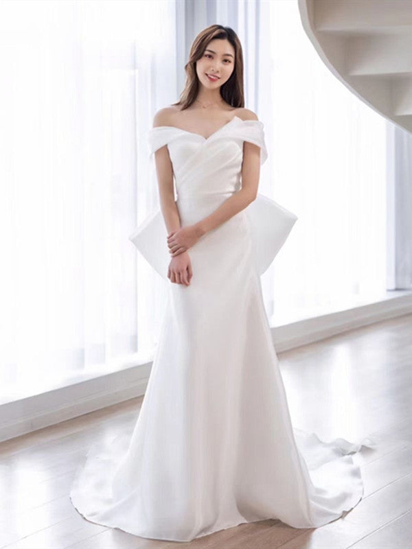 Off Shoulder Satin Popular Wedding Dresses,  A-line Wedding Dresses, Popular Bridal Gowns