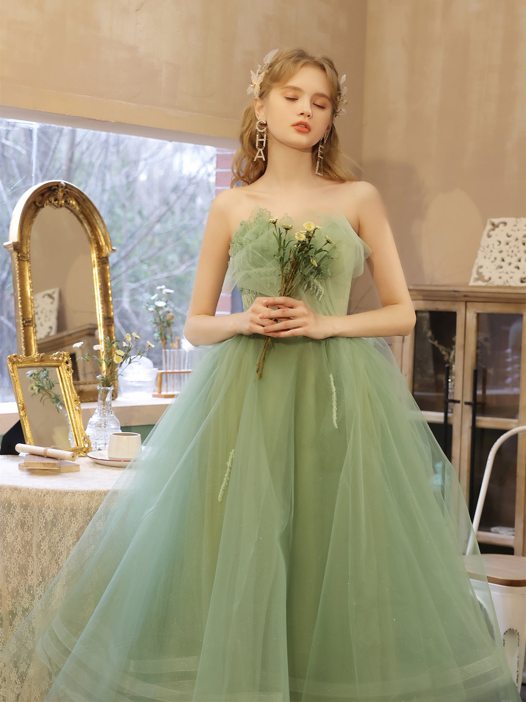  LINLSSANJC Plus Size Sage Green Tulle Prom Dresses for