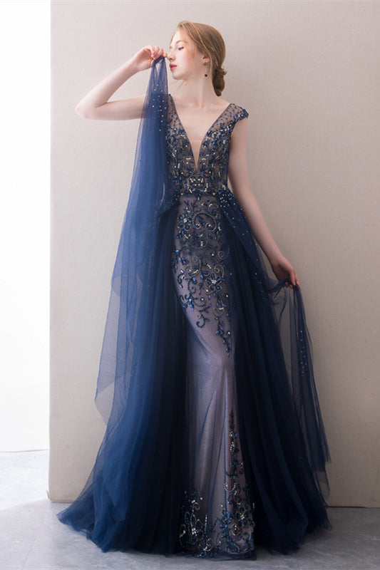 V-neck Navy Blue Beaded Tulle Prom Dresses, Gorgeous Prom Dresses, 2021 Prom Dresses